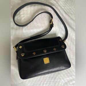 MCM Black Leather Crossbody with Gold Accents